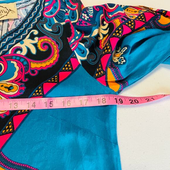 DeJaVu Teal Pink Ethnic Lightweight Colorful Festival Boho Summer Shift Dress L - Picture 11 of 13